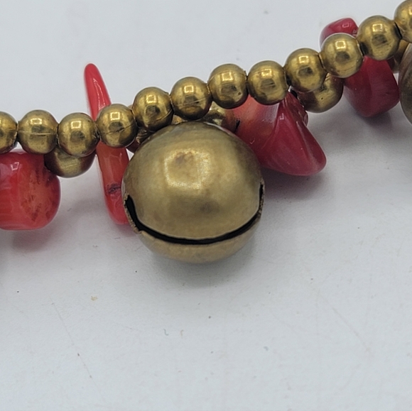 Coral Color Red Stone Chip Anklet Double Strand Gold Tone Beads Jingle Bells 11" - Picture 5 of 11